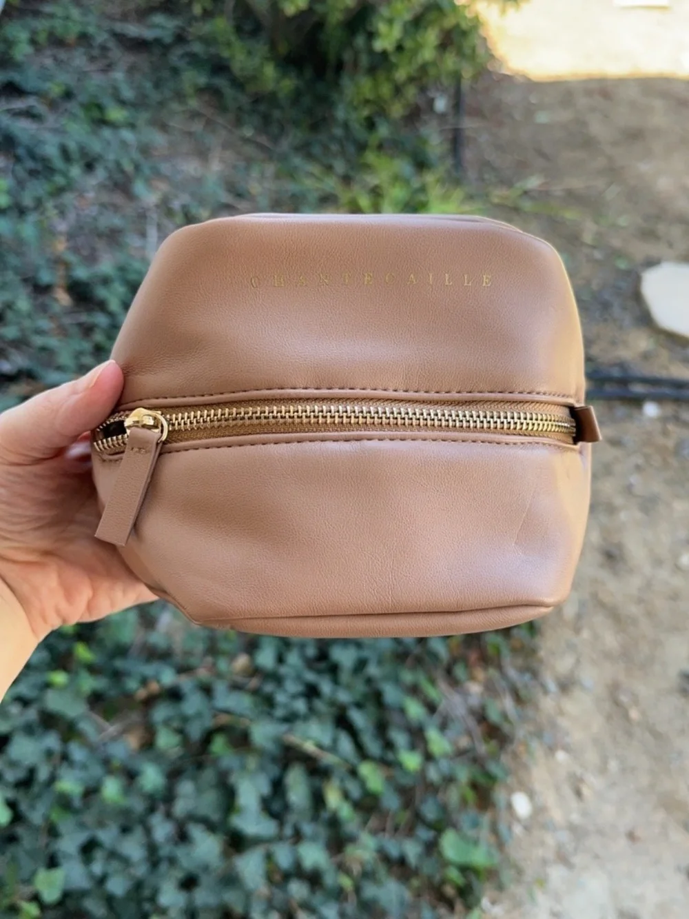 NWT Chantecaille Luxury Pebbled Cosmetic Bag - Soft Beige - 7x5x4